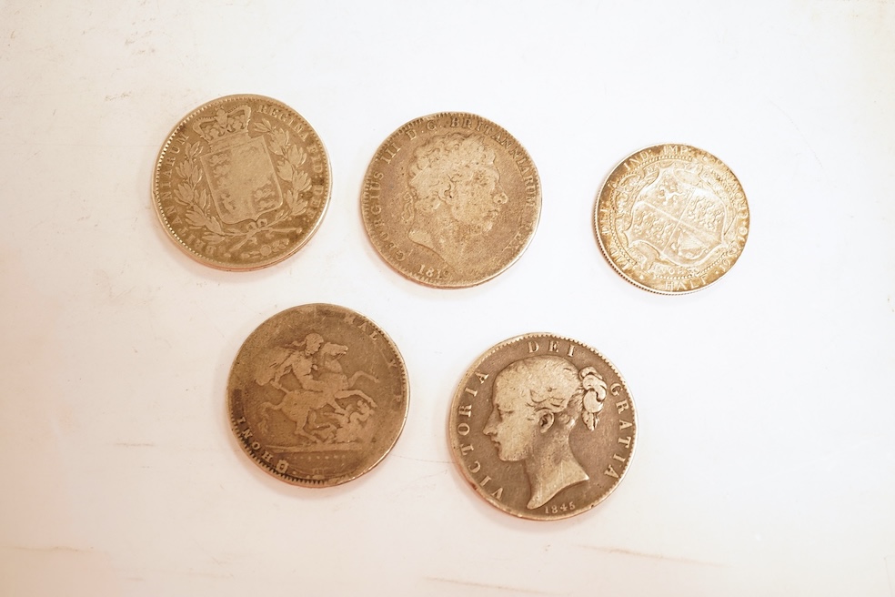 British coins, George III to Edward VII, four crowns, 1819, 1820, two 1845 and Edward VII halfcrown 1910, VF (5)